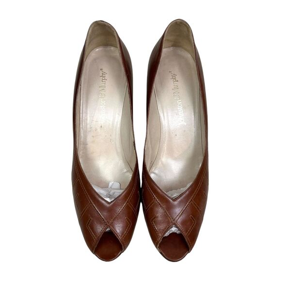 Johnston & Murphy Womens Pump Heel Leather Peep Toe Brown Sz 8.5AA Made in Italy - Picture 5 of 9